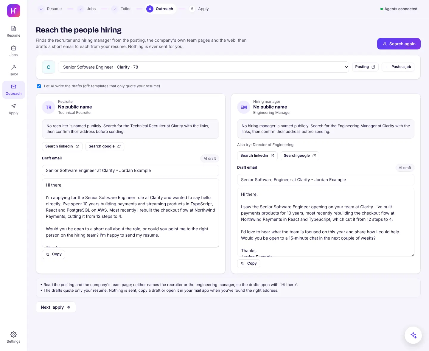 Draft emails to a recruiter and an engineering manager for one job, with search links for when no name is public